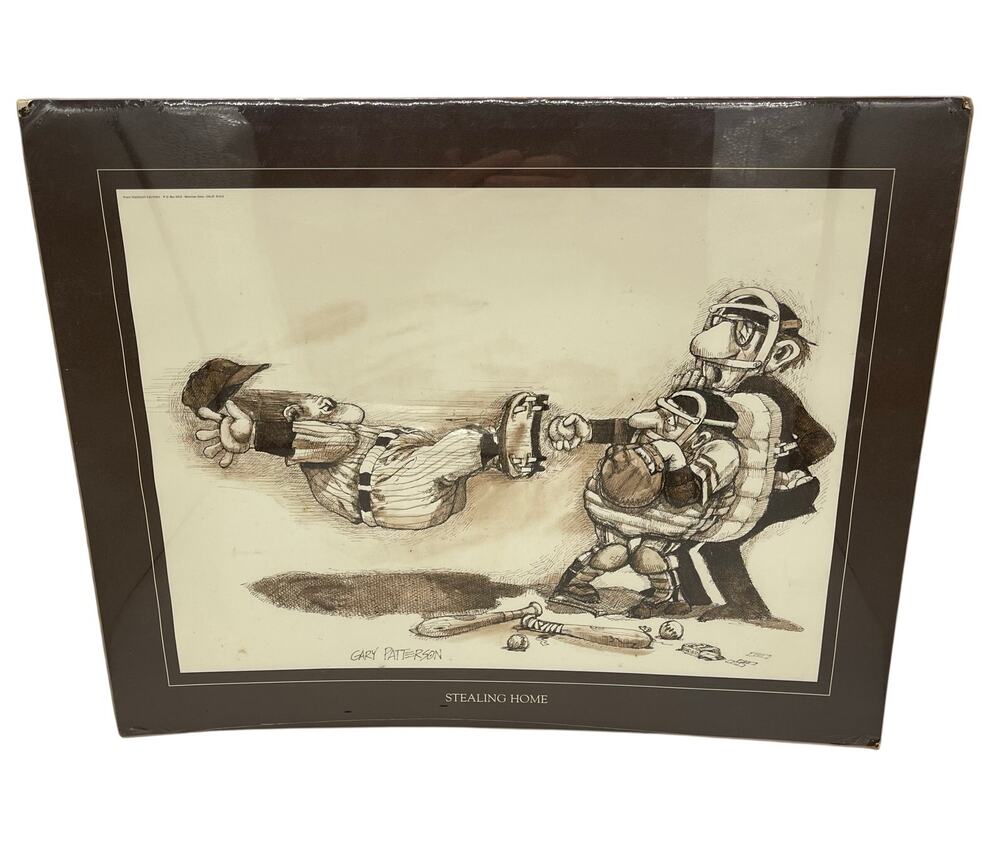 Vintage 1976 Gary Patterson Stealing Home Baseball Print 20"x16"